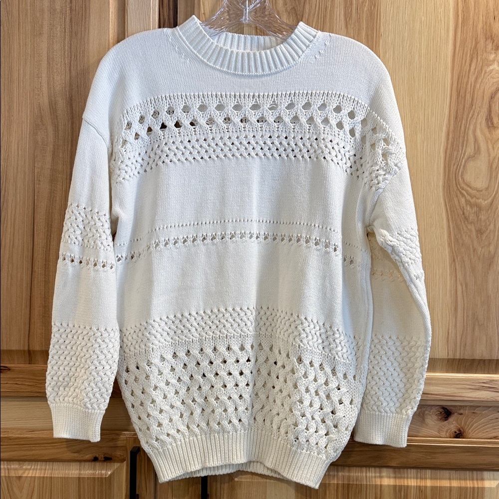 Dee Elly White Crochet Open Knit Women's Cotton Crewneck Sweater Size S